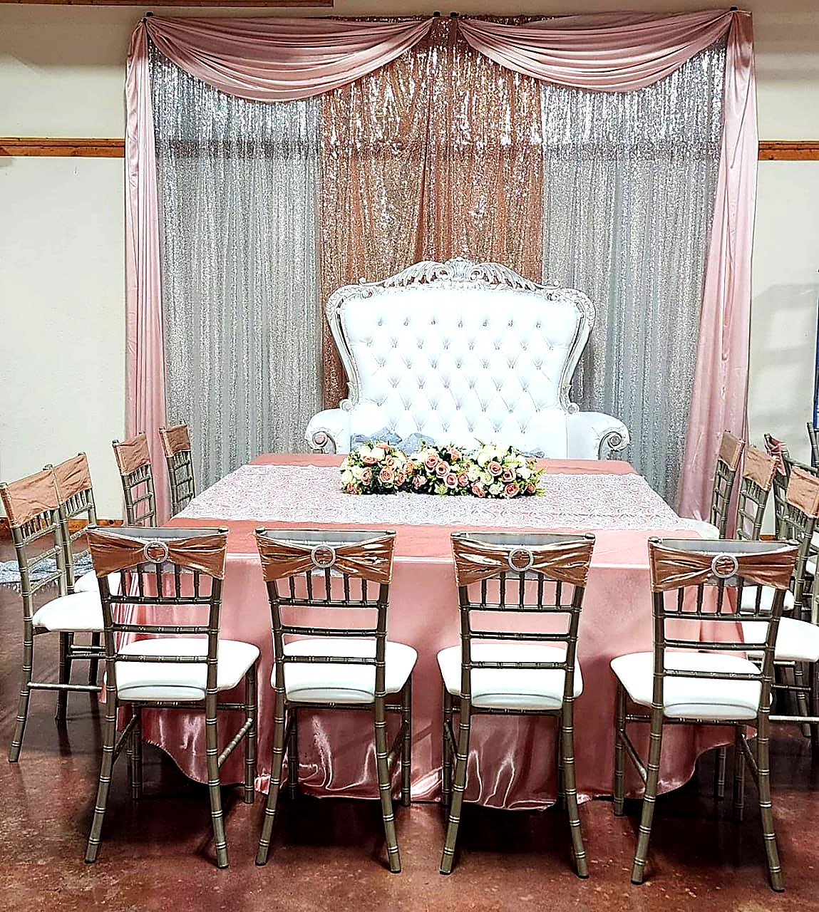 Rose Gold Blush Setup — Golden Petals Reception Hall Cypress TX