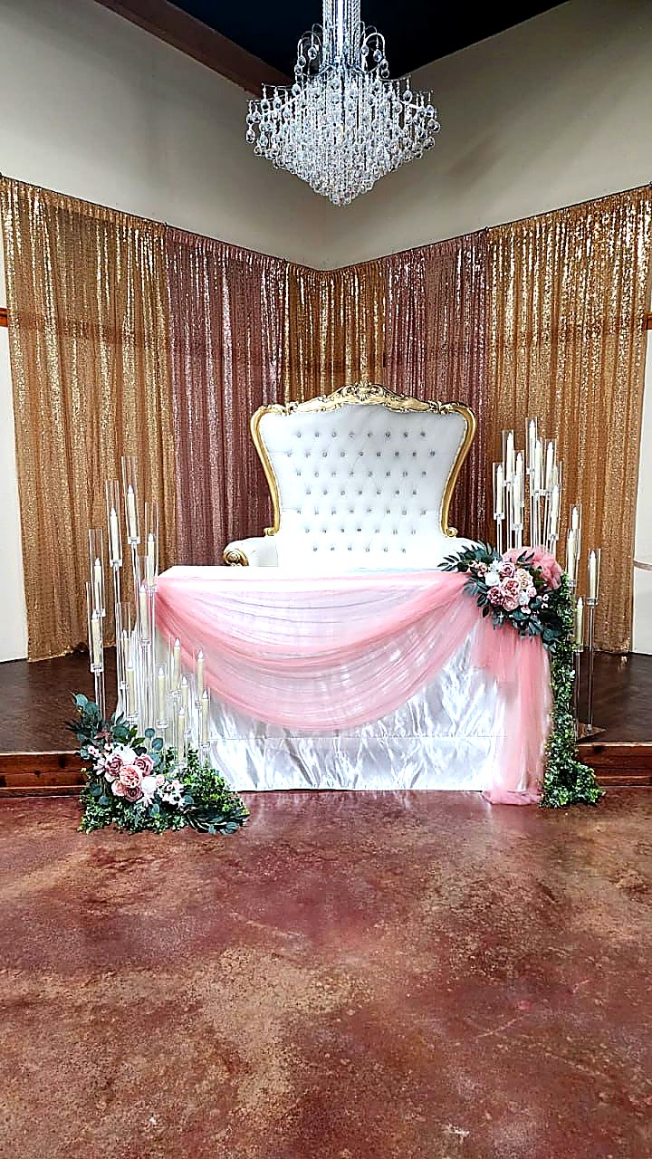 Quinceañera throne chair and rose gold décor at Golden Petals